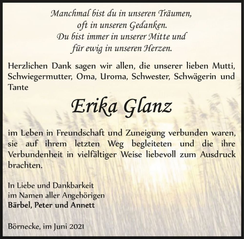  Traueranzeige für Erika Glanz  vom 03.07.2021 aus Magdeburger Volksstimme