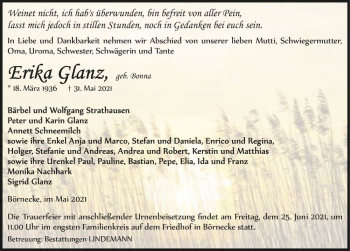 Traueranzeige von Erika Glanz (geb. Bonna)  von Magdeburger Volksstimme