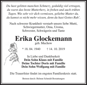 Traueranzeige von Erika Glockemann (geb. Muchow)  von Magdeburger Volksstimme
