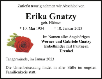Traueranzeige von Erika Gnatzy (geb. Hübner)  von Magdeburger Volksstimme