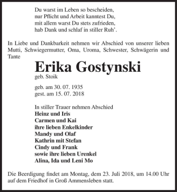 Traueranzeige von Erika Gostynski (geb. Stoik)  von Magdeburger Volksstimme