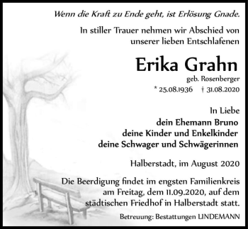 Traueranzeige von Erika Grahn (geb. Rosenberger)  von Magdeburger Volksstimme