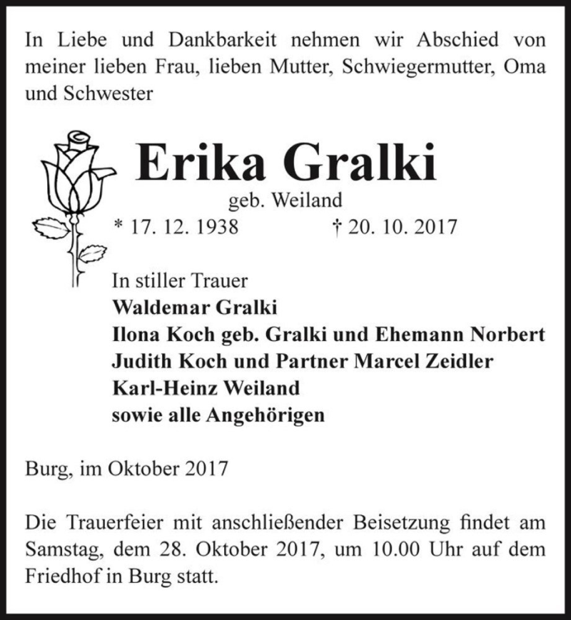  Traueranzeige für Erika Gralki (geb. Weiland)  vom 24.10.2017 aus Magdeburger Volksstimme