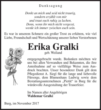 Traueranzeige von Erika Gralki (geb. Weiland)  von Magdeburger Volksstimme