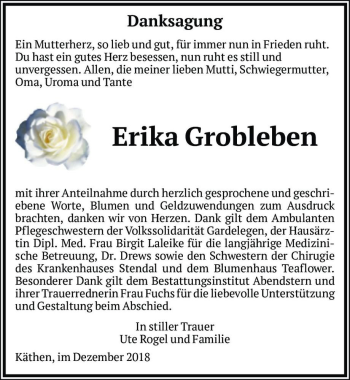 Traueranzeige von Erika Grobleben  von Magdeburger Volksstimme