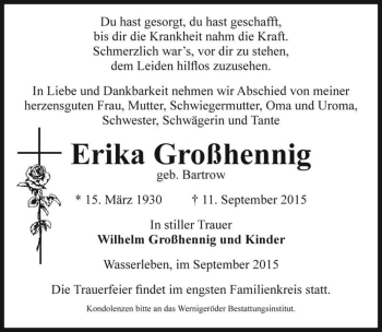 Traueranzeige von Erika Großhennig (geb. Bartrow)  von Magdeburger Volksstimme
