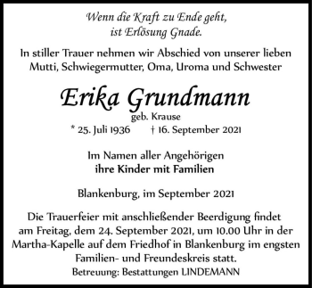 Traueranzeige von Erika Grundmann (geb. Krause)  von Magdeburger Volksstimme