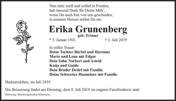 Traueranzeige von Erika Grunenberg (geb. Ertmer)  von Magdeburger Volksstimme