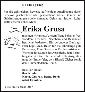 Traueranzeige von Erika Grusa  von Magdeburger Volksstimme