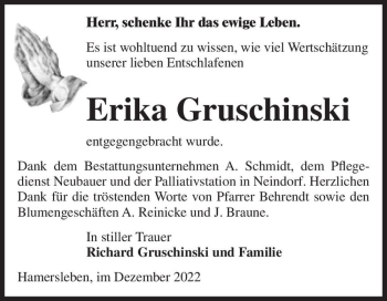 Traueranzeige von Erika Gruschinski  von Magdeburger Volksstimme