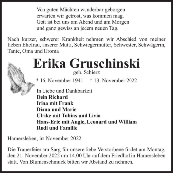 Traueranzeige von Erika Gruschinski (geb. Schierz)  von Magdeburger Volksstimme