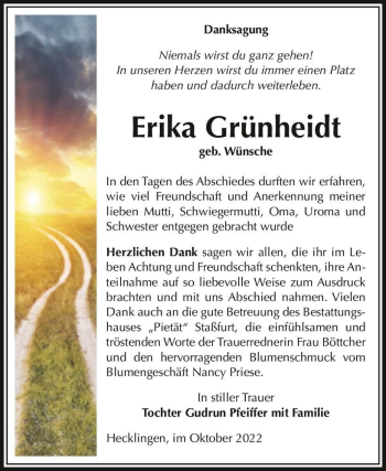 Traueranzeige von Erika Grünheidt (geb. Wünsche)  von Magdeburger Volksstimme