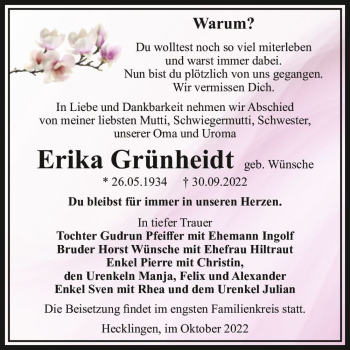 Traueranzeige von Erika Grünheidt (geb. Wünsche)  von Magdeburger Volksstimme