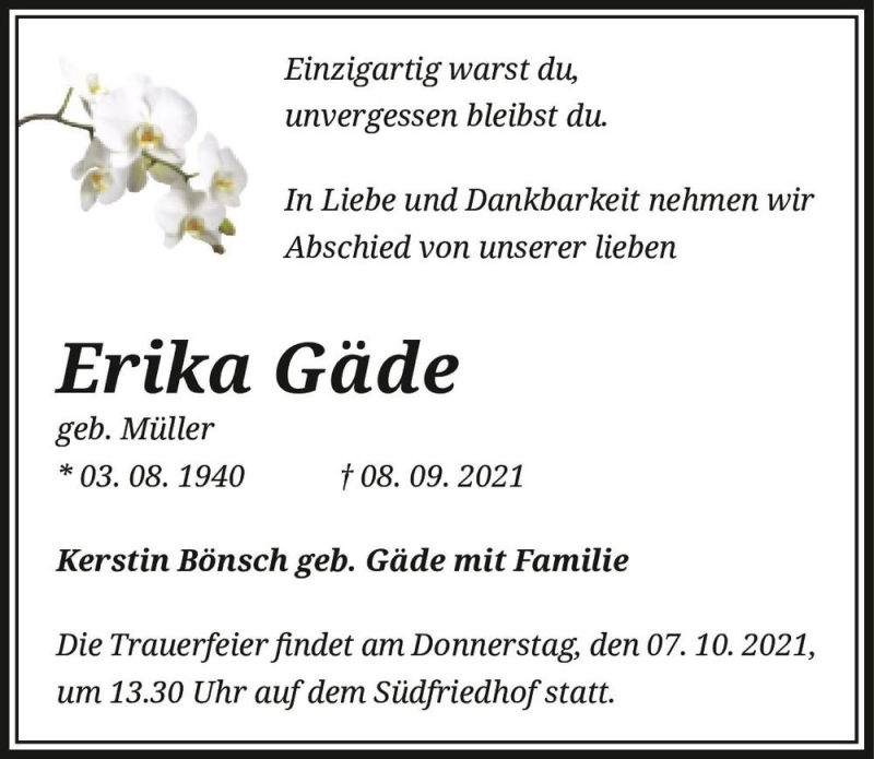  Traueranzeige für Erika Gäde (geb. Müller)  vom 25.09.2021 aus Magdeburger Volksstimme