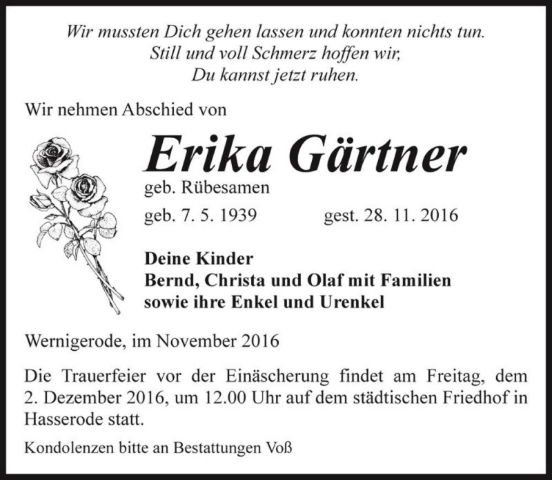  Traueranzeige für Erika Gärtner (geb. Rübesamen)  vom 01.12.2016 aus Magdeburger Volksstimme