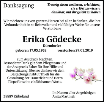 Traueranzeige von Erika Gödecke (Dörndorfer)  von Magdeburger Volksstimme