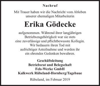 Traueranzeige von Erika Gödecke  von Magdeburger Volksstimme