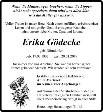 Traueranzeige von Erika Gödecke (geb. Dörndorfer)  von Magdeburger Volksstimme