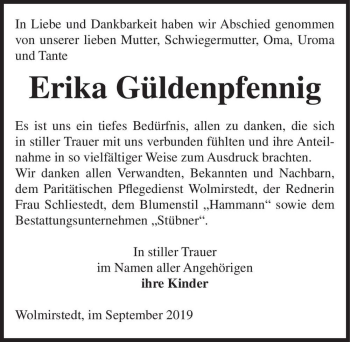 Traueranzeige von Erika Güldenpfennig  von Magdeburger Volksstimme