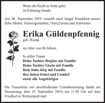 Traueranzeige von Erika Güldenpfennig (geb. Ristau)  von Magdeburger Volksstimme