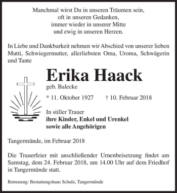 Traueranzeige von Erika Haack (geb. Balecke)  von Magdeburger Volksstimme