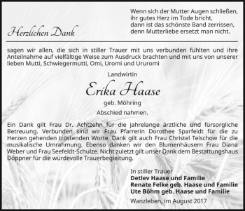 Traueranzeige von Erika Haase (geb. Möhring)  von Magdeburger Volksstimme