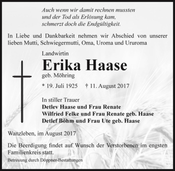 Traueranzeige von Erika Haase (geb. Möhring)  von Magdeburger Volksstimme