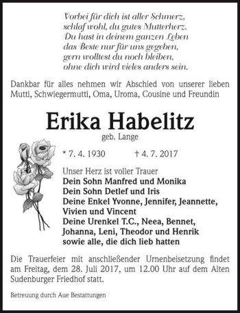 Traueranzeige von Erika Habelitz (geb. Lange)  von Magdeburger Volksstimme