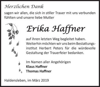 Traueranzeige von Erika Haffner  von Magdeburger Volksstimme