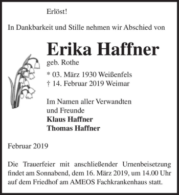 Traueranzeige von Erika Haffner (geb. Rothe)  von Magdeburger Volksstimme