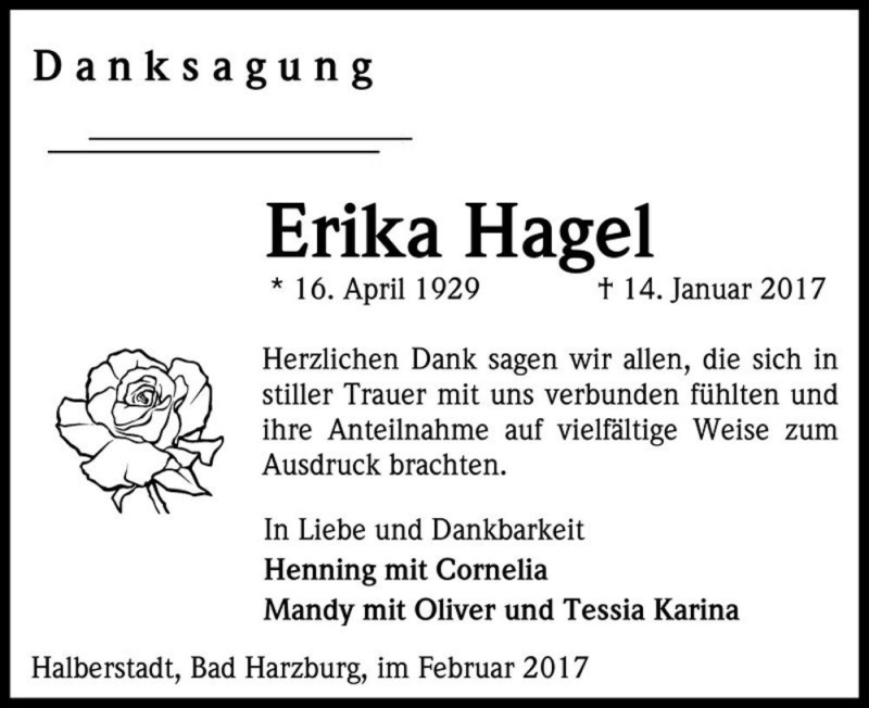  Traueranzeige für Erika Hagel  vom 11.02.2017 aus Magdeburger Volksstimme