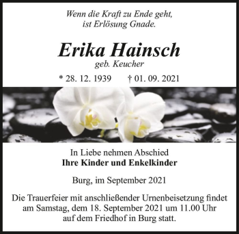 Traueranzeige von Erika Hainsch (geb. Keucher)  von Magdeburger Volksstimme