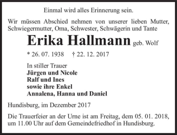 Traueranzeige von Erika Hallmann (geb. Wolf)  von Magdeburger Volksstimme