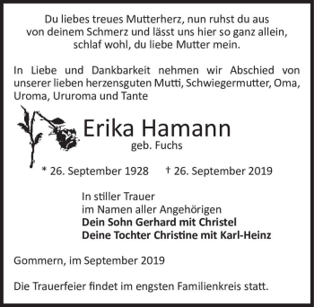 Traueranzeige von Erika Hamann (geb. Fuchs)  von Magdeburger Volksstimme