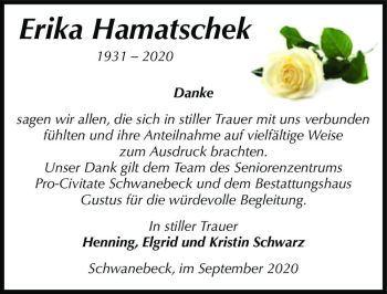Traueranzeige von Erika Hamatschek  von Magdeburger Volksstimme