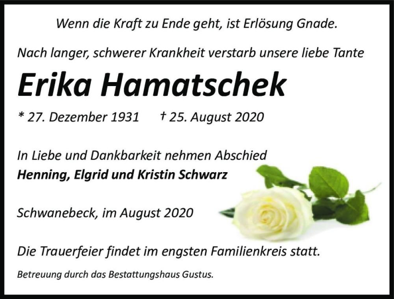 Traueranzeige für Erika Hamatschek  vom 29.08.2020 aus Magdeburger Volksstimme