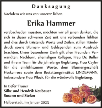 Traueranzeige von Erika Hammer  von Magdeburger Volksstimme