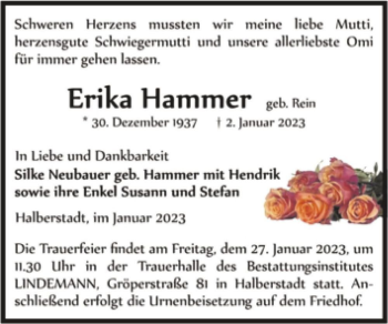 Traueranzeige von Erika Hammer (geb. Rein)  von Magdeburger Volksstimme
