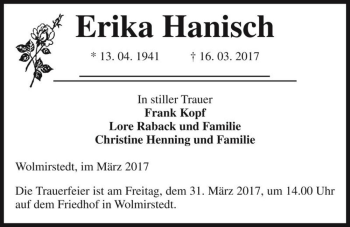 Traueranzeige von Erika Hanisch  von Magdeburger Volksstimme