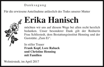 Traueranzeige von Erika Hanisch  von Magdeburger Volksstimme