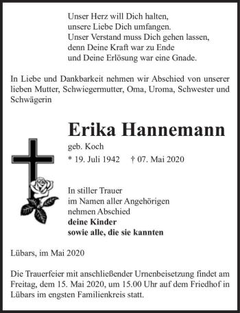 Traueranzeige von Erika Hannemann (geb. Koch)  von Magdeburger Volksstimme