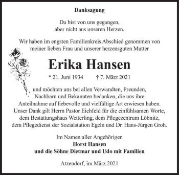 Traueranzeige von Erika Hansen  von Magdeburger Volksstimme