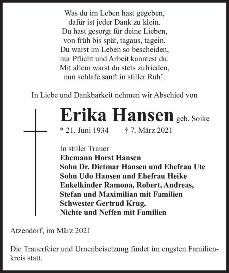  Traueranzeige für Erika Hansen (geb. Soike)  vom 13.03.2021 aus Magdeburger Volksstimme