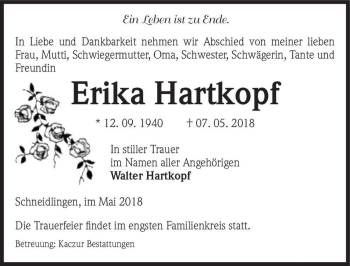 Traueranzeige von Erika Hartkopf  von Magdeburger Volksstimme