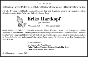 Traueranzeige von Erika Hartkopf (geb. Hoheisel)  von Magdeburger Volksstimme