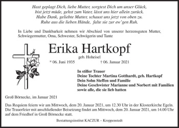 Traueranzeige von Erika Hartkopf (geb. Hoheisel)  von Magdeburger Volksstimme