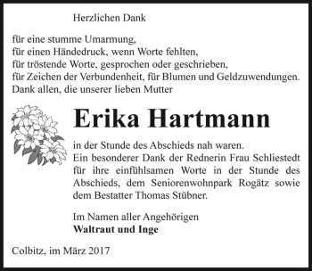 Traueranzeige von Erika Hartmann  von Magdeburger Volksstimme