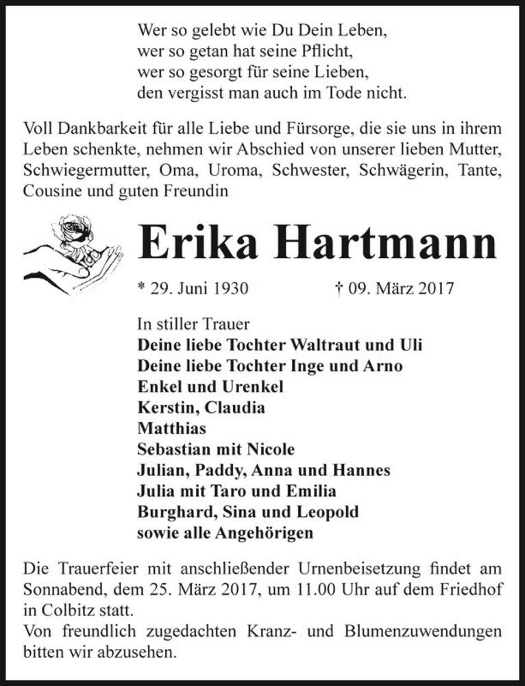  Traueranzeige für Erika Hartmann  vom 18.03.2017 aus Magdeburger Volksstimme