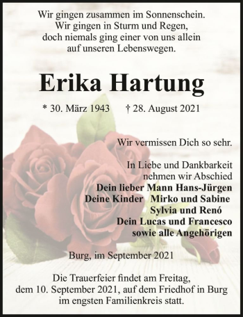 Traueranzeige von Erika Hartung  von Magdeburger Volksstimme