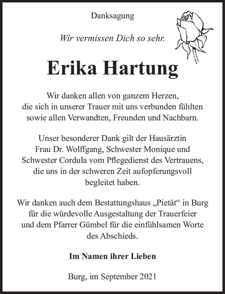  Traueranzeige für Erika Hartung  vom 18.09.2021 aus Magdeburger Volksstimme